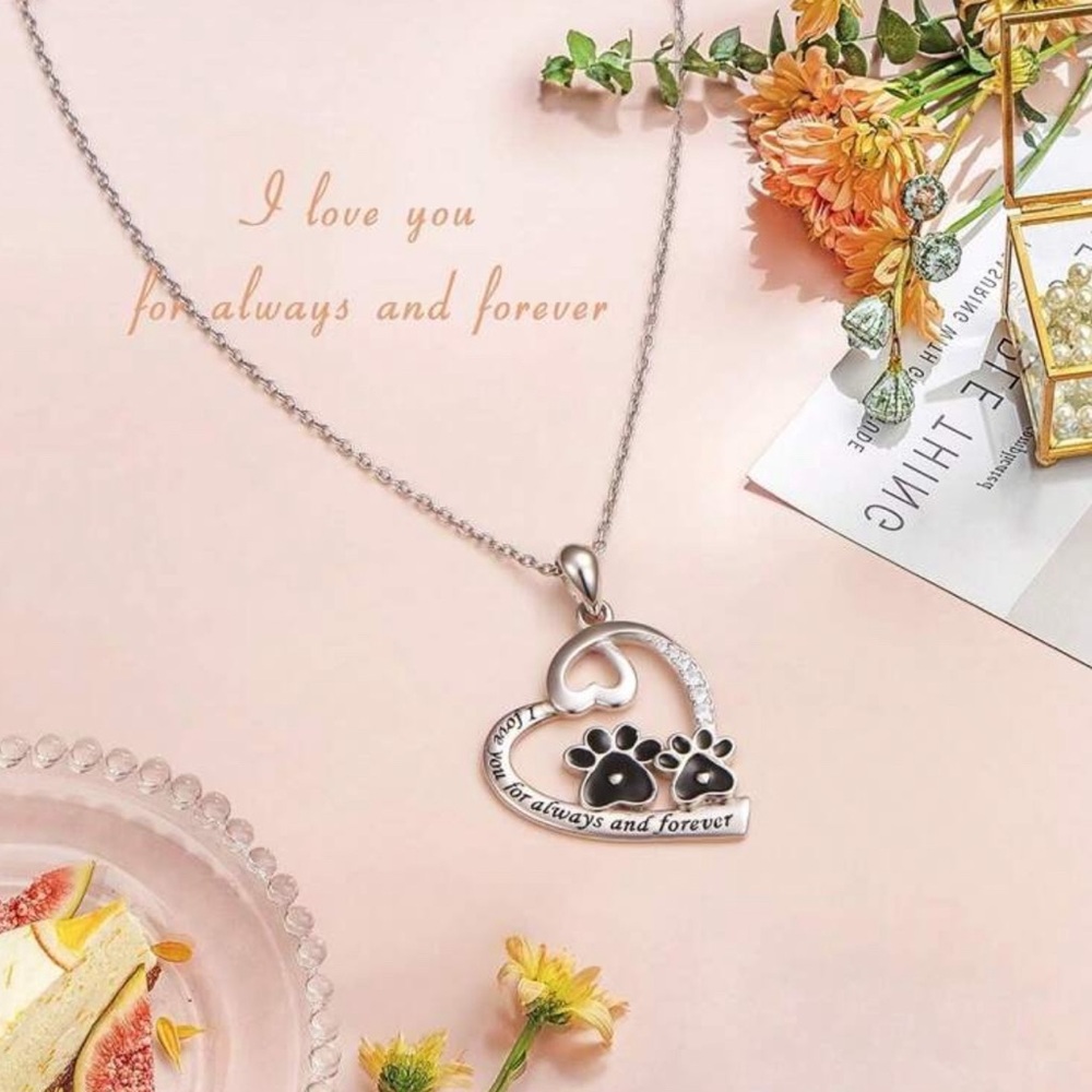 Silver Tone Heart Paw Print Necklace - Picture 3 of 4